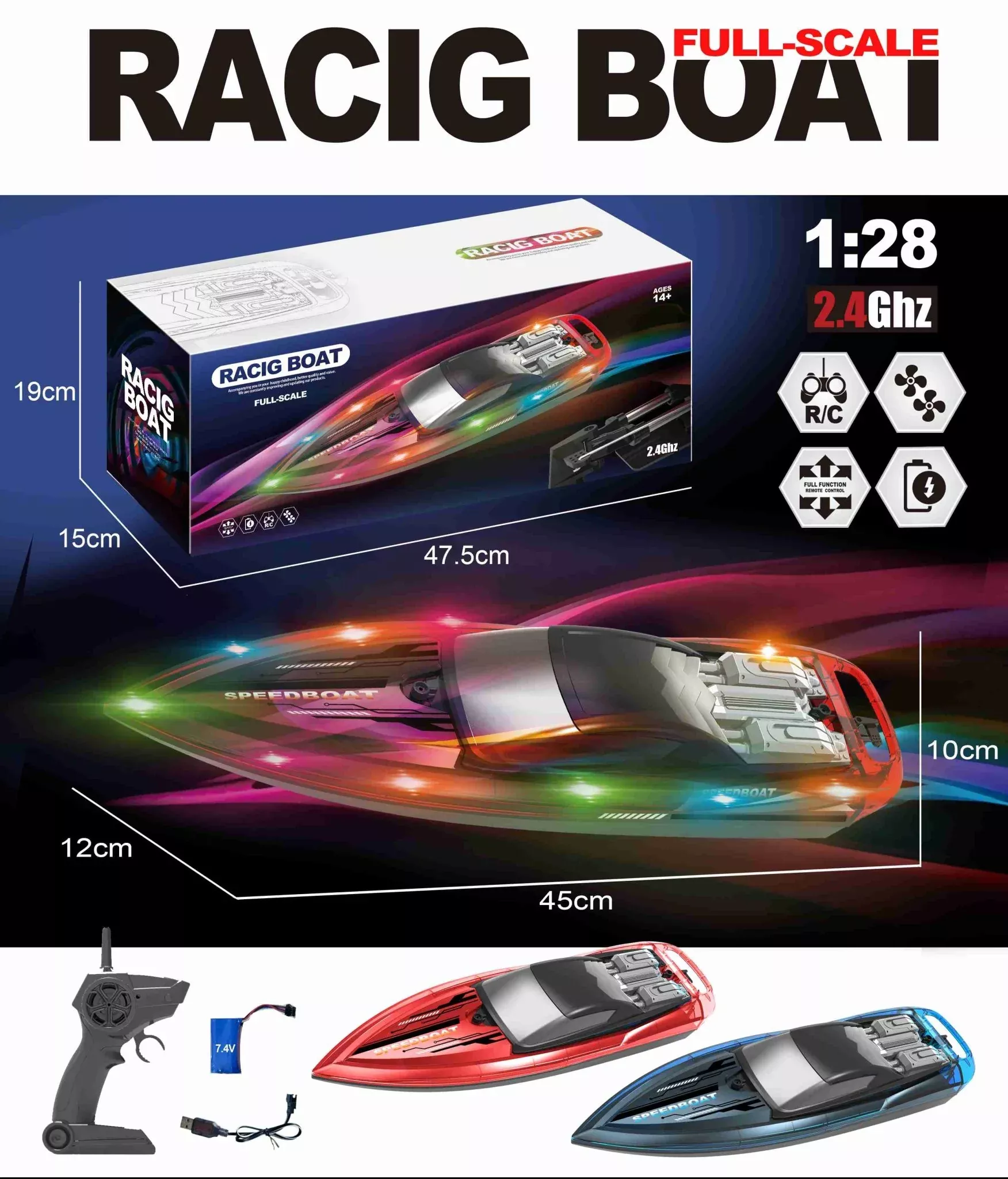 1:28 Scale 2.4G RC High-Speed Propeller Boat with Lights – 15 km/h, 1200mAh Battery, Long Range 100m – SKU 1896940S