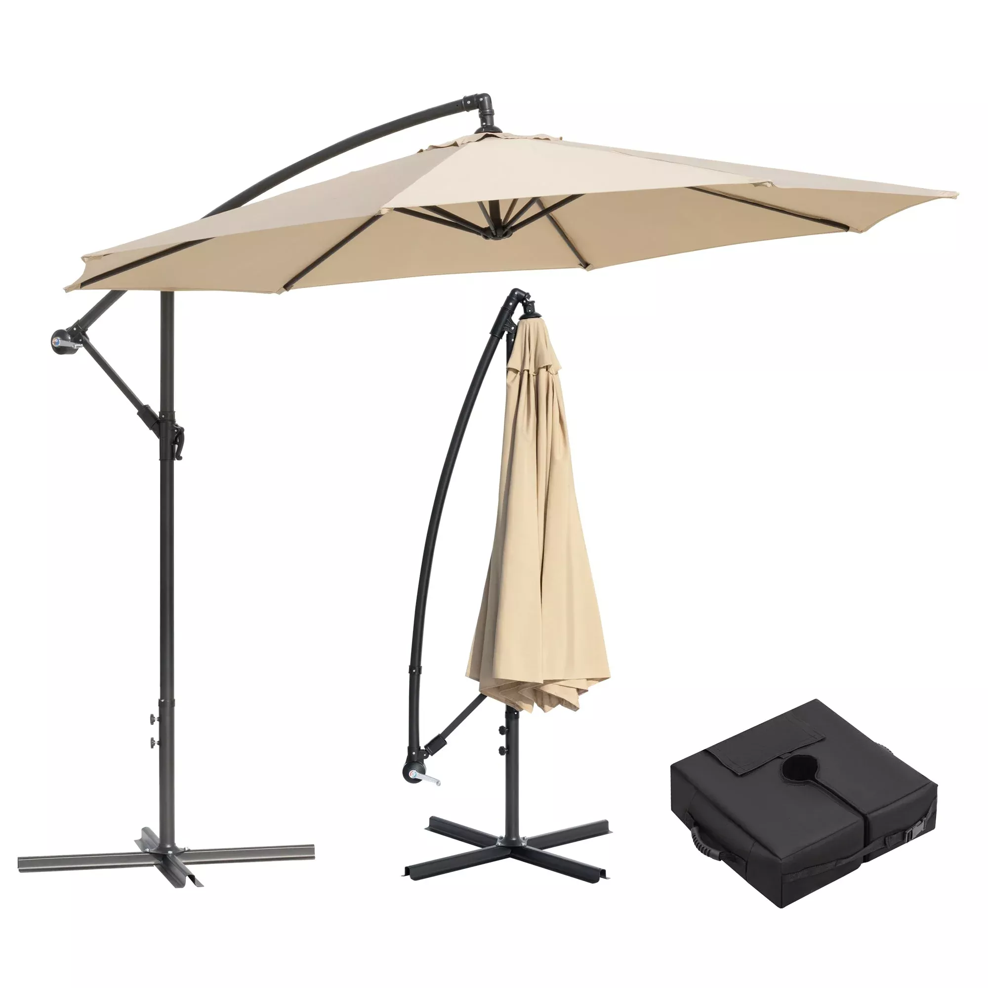 10 ft Hanging Offset Patio Umbrella with Crank, Adjustable Angle, Sand Bag Base & Tan Canopy for Deck, Garden & Outdoor Shade AMBU30T