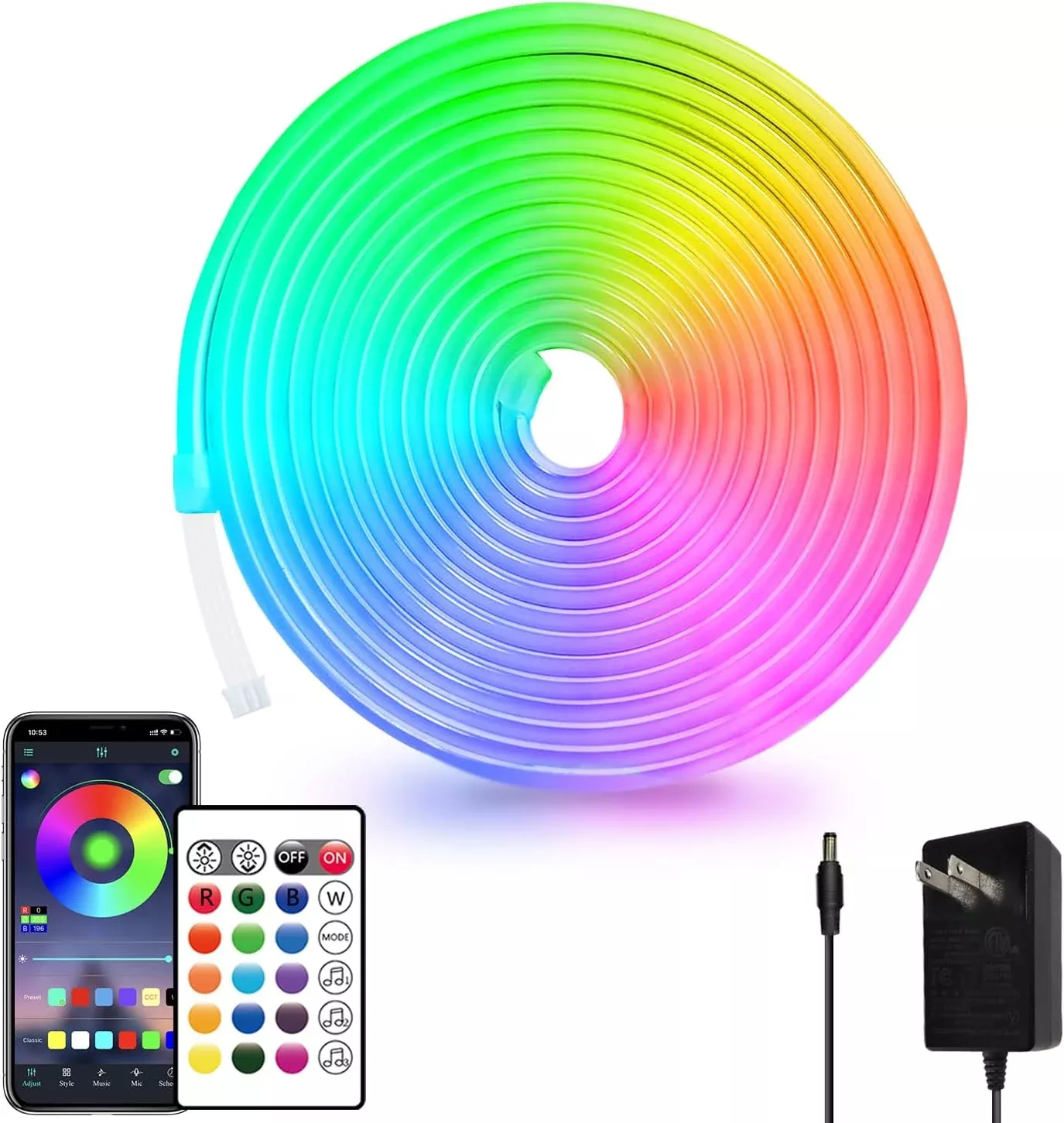 16.4′ RGB LED Neon Rope Lights APP & Remote Control IP65 Waterproof 24V LNR164R