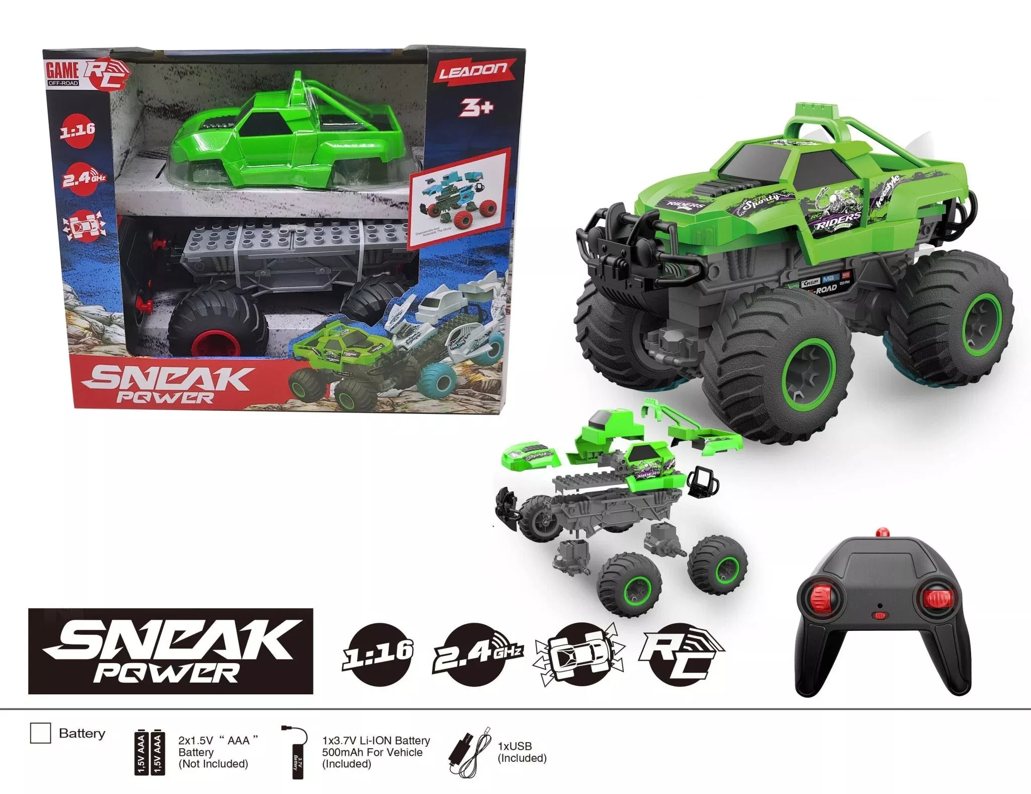 2.4G 1:16 Building Blocks RC Truck – Rechargeable 500mAh Battery, USB Charger, 15min Playtime – SKU 1897518
