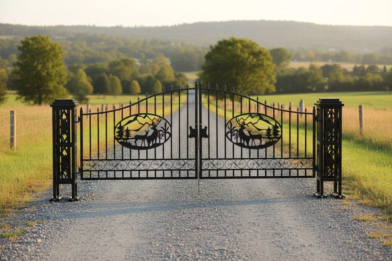 20FT Metal Farm Gate Kit Driveway Entry Design Dual-Swing Gate Kit – Deer Artwork SU24DR