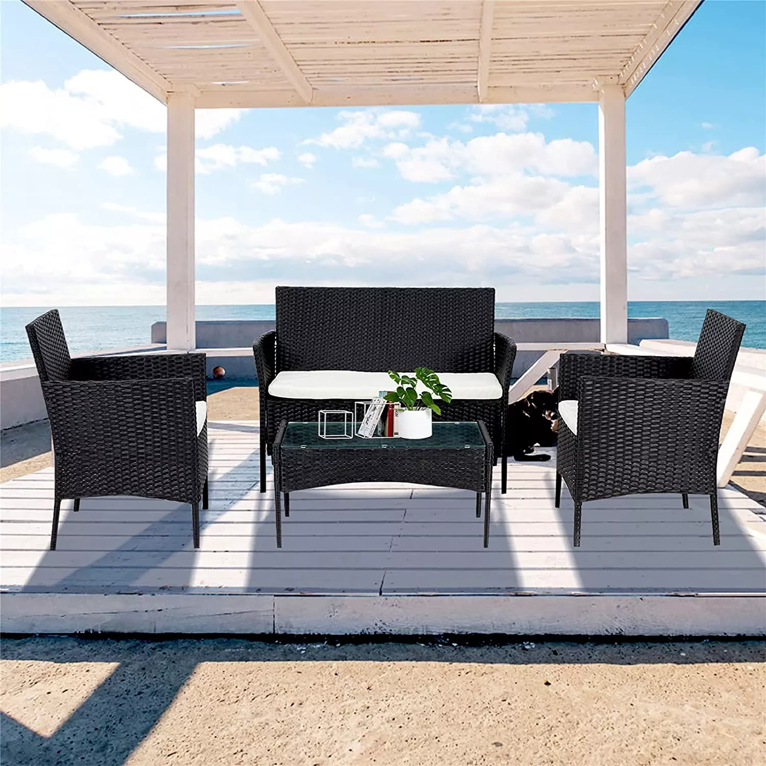 4 PCS Outdoor Patio Furniture Set – Rattan Chairs, Loveseat & Coffee Table 726630