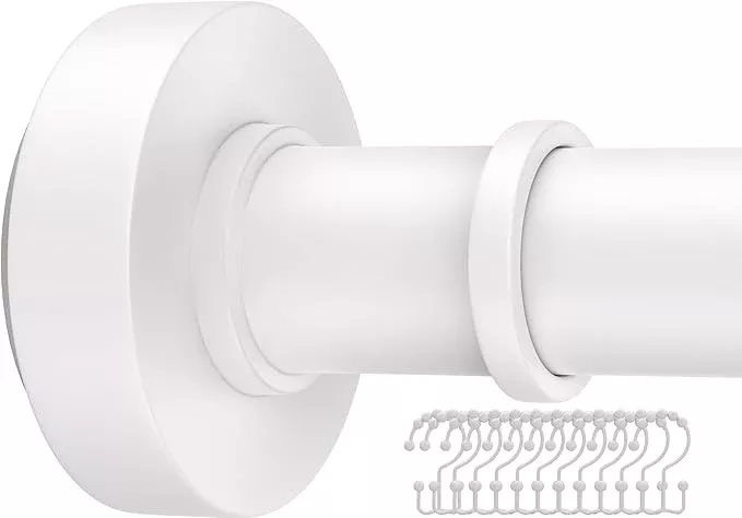 Adjustable White Shower Curtain Tension Rod with 12 Hooks – Rust-Resistant No-Drill Spring Rod (18–72 Inches)