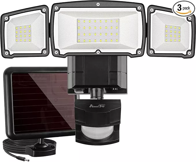 AmeriTop 1600LM Outdoor Solar Motion Sensor Light – 3-Head Adjustable LED Security Flood Light