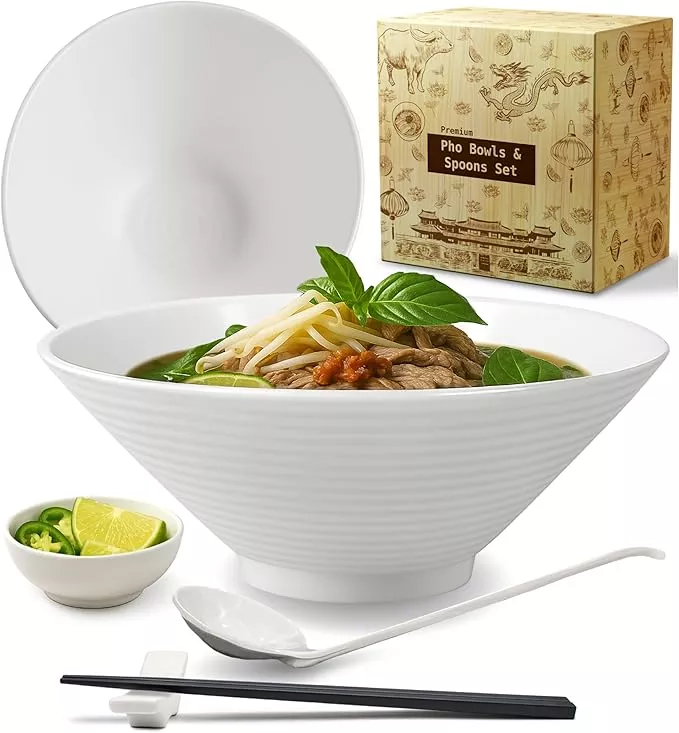 APEX S.K. 57 oz White Pho Bowl Set – Large Melamine Noodle Bowl with Spoon, Chopsticks and Sauce Dish