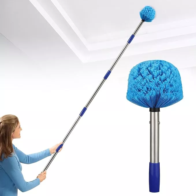 CALCHELE Cobweb Duster with Extension Pole 8FT – Washable Ceiling Fan & Spider Web Cleaning Brush with Stainless Steel Handle