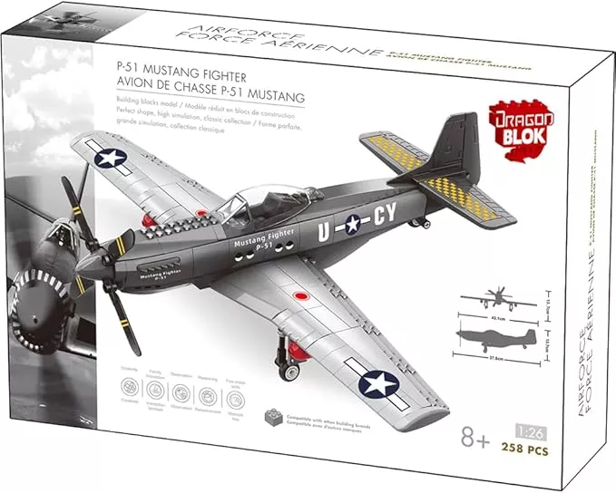 Dragon Blok P-51 Mustang Fighter Building Block Set – 258 Piece Military Aircraft Model Kit