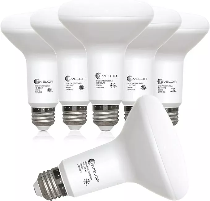 Evelor BR30 LED Light Bulbs – 65W Equivalent, 7W Dimmable 5000K Daylight Recessed Flood Lights, 6 Pack