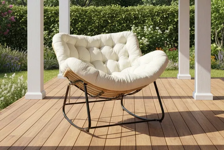 Rocking Outdoor Lounger Chair with Velvet Cushion 330 lb Capacity PE Rattan & Steel Frame Beige Dark Gray Black White