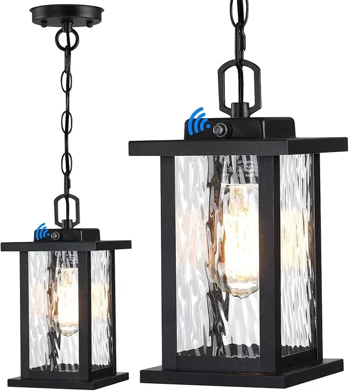 SNRU Modern Dusk to Dawn Outdoor Hanging Pendant Light – 12" Waterproof Black Exterior Lantern with Water-Rippled Tempered Glass