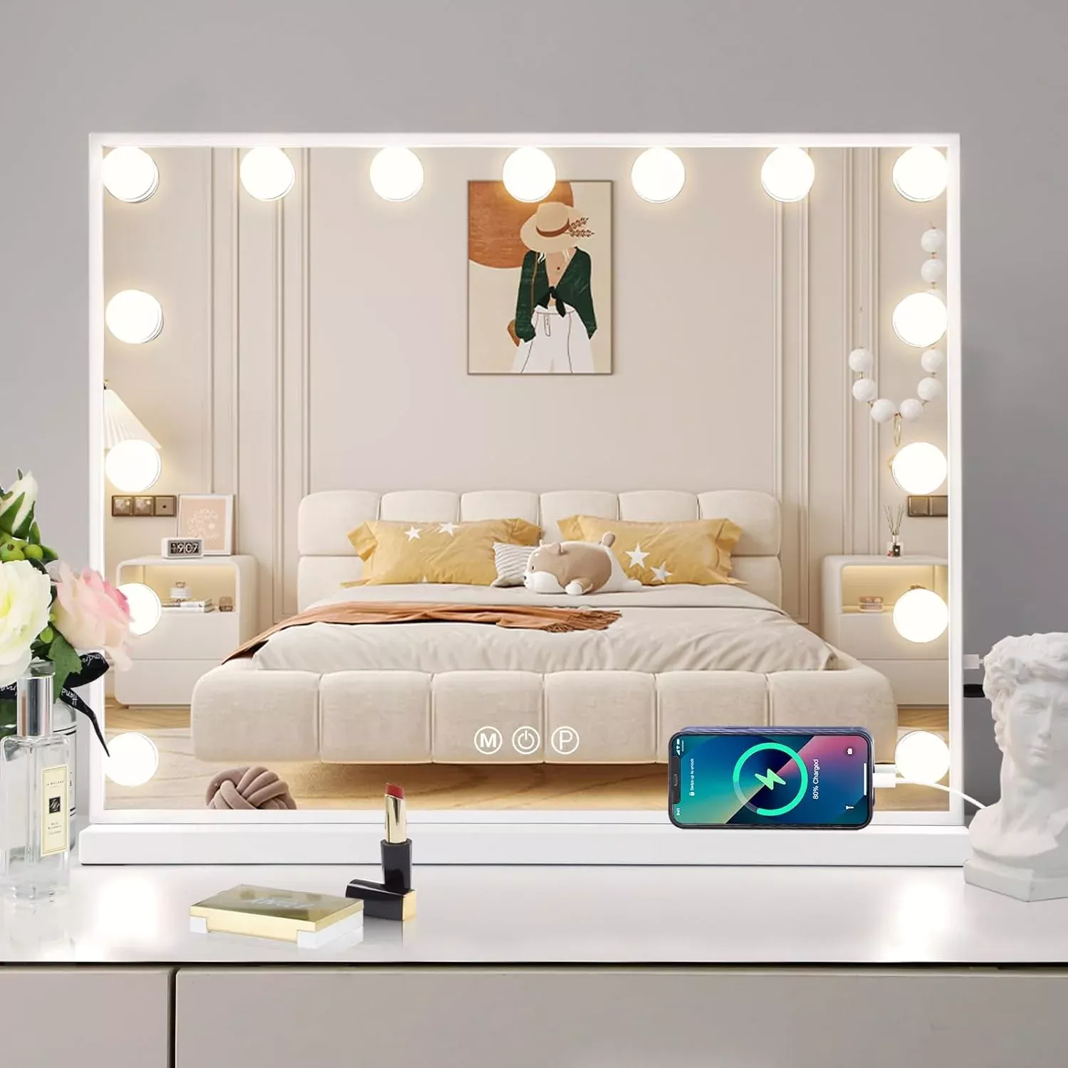 Vanity Mirror with Lights 15LED Bulbs 3 Lighting Modes Lighted Makeup Mirror for Desk or Wall-Mount Hollywood Vanity Mirror with USB Charger Port. 22.8" x 18.1" (58*46cm). Built-in Bluetooth speaker