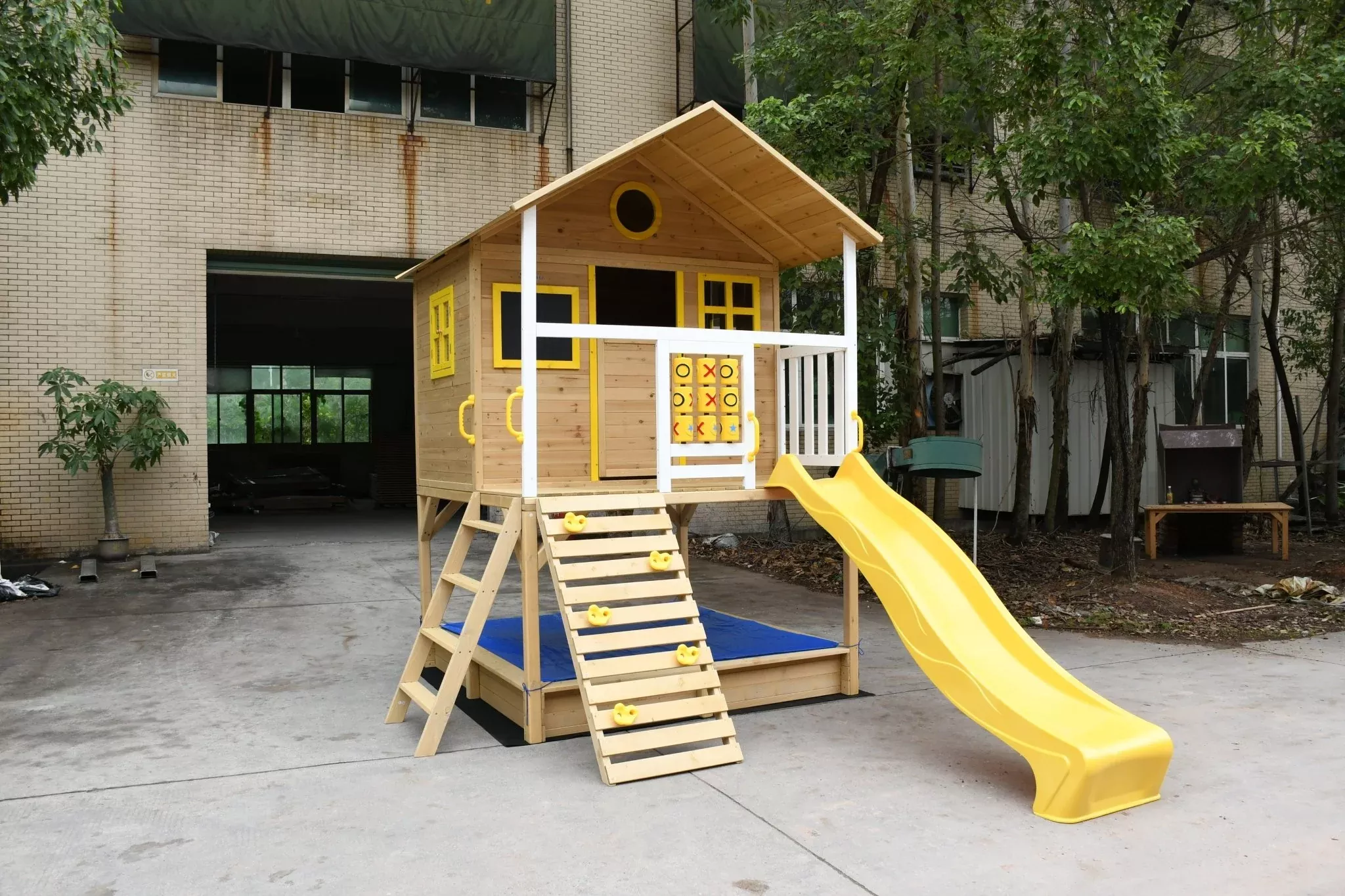 Wood Kids Playhouse with Slide, Climbing Wall & Ladder – Outdoor Fir Wood Playset C225
