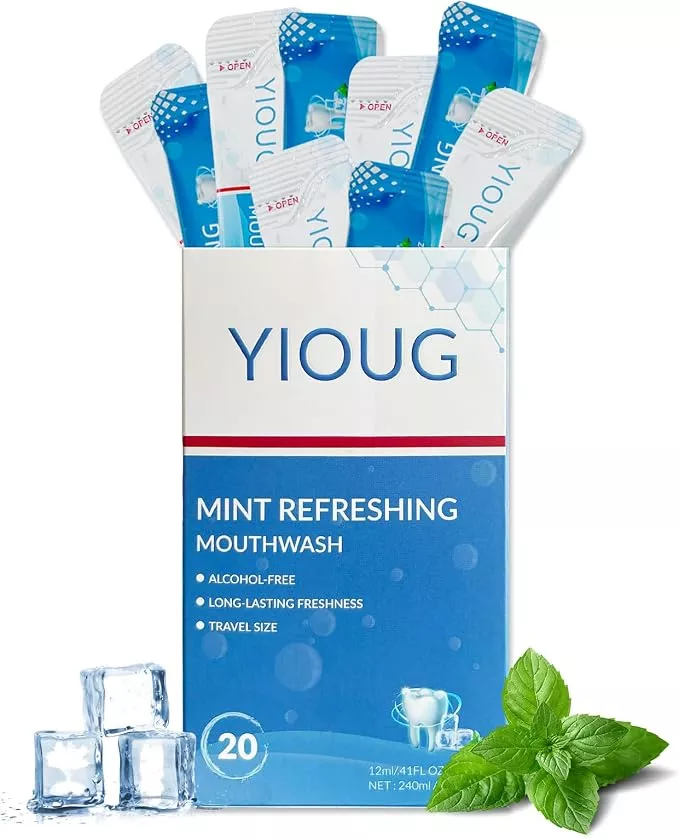YIOUG Portable Travel Mouthwash Packets – Mint Alcohol-Free Oral Rinse Strips, 20 Count